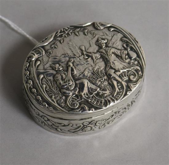 A late 19th century German Hanau white metal repousse oval box by Gebruder Glaser, 56mm.